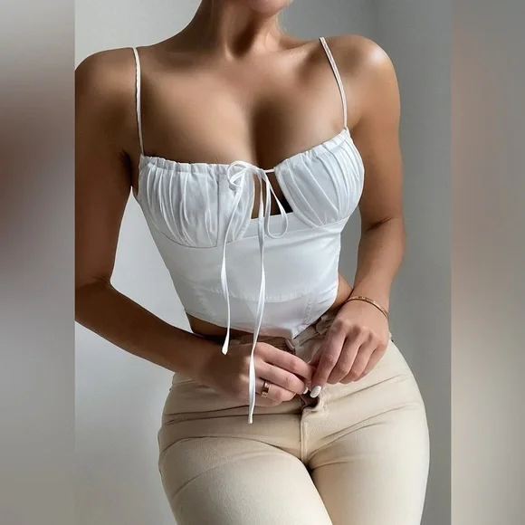 House of CB Flynn White Cropped Poplin Corset Tank sz L - Picture 1 of 9